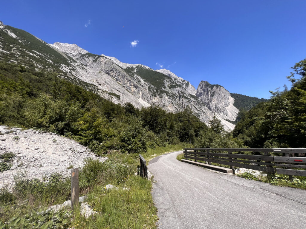 Geteerte Bergstraße mit Holzgeländer führt durch grüne Alpenlandschaft mit felsigen Karwendel-Gipfeln unter blauem Himmel bei Absam