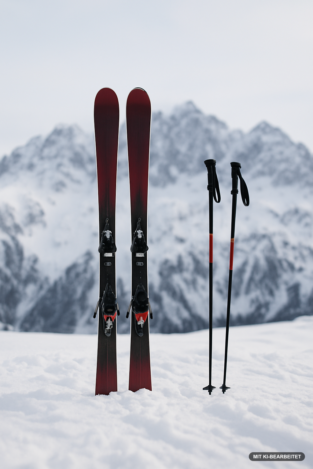 Rote Ski und Skistöcke stecken im Schnee vor schneebedeckten Bergen in der Region Kundl in Tirol