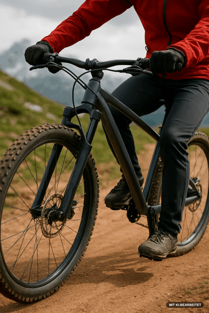 Mountainbiker in roter Jacke fährt mit Mountainbike auf einem Schotterweg in bergiger Landschaft