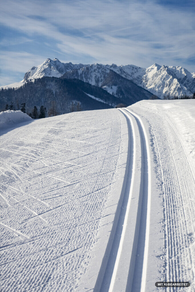 Frisch gespurte Langlaufloipe in verschneiter Landschaft mit schneebedeckten Bergen und blauem Himmel bei Wörgl in Tirol