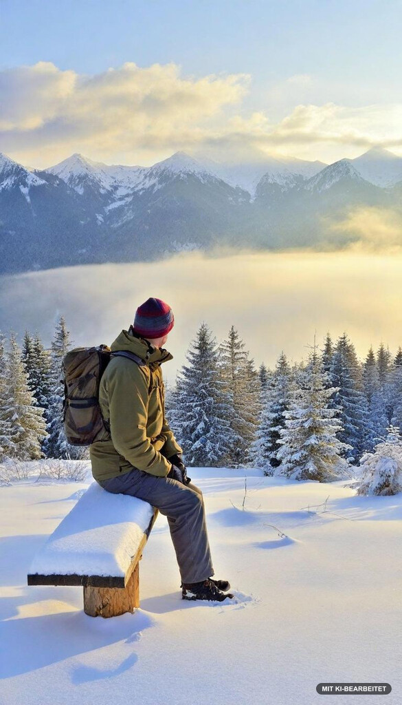 ein wanderer auf einer bank in den verschneiten tiroler alpen